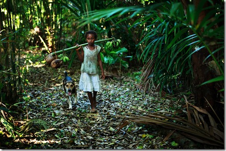 young girl-walk through forest-bush, Rah Lava-Banks-Vanuatu